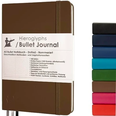 Afbeelding van Bullet Journal Dotted notitieboek A5 met methode 189 genummerde pagina&#039;s, vouwtas, 3 bladwijzers, sluitrubber 100 g/m² papier van Hieroglyphs (bruin)