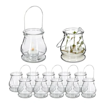 Afbeelding van Relaxdays windlicht set van 12, theelichthouder voor binnen en buiten, met hengsel, HxØ: 10 x 8,5 cm, transparant