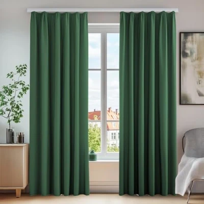 Afbeelding van Deconovo Warmte isolerend Verduisteringsgordijnen Plooiband in Zacht Effen Energiebesparing voor Slaapkamer Kerstdecoratie 2 Stuks Donkerlentegroen 140x220cm