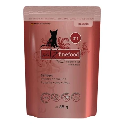 Afbeelding van catz finefood Classic N 3 Kattenvoer voor gevogelte, natvoer je kat zonder suiker en granen, glutenvrij, met een hoog vleesgehalte, Made in Germany, zak van 24 x 85 g
