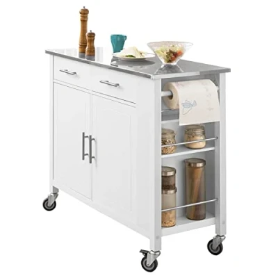 Afbeelding van SoBuy Rolling Trolley Keuken Opbergkast op Wielen Multifunctioneel Buffet met Zijplank, Deuren en Lades RVS Lade, 107x46x94 cm, FKW108 HG
