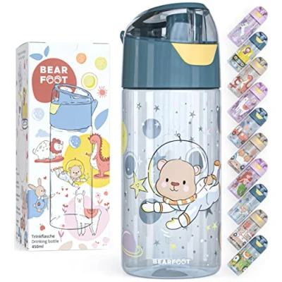 Afbeelding van Drinkfles voor kinderen, 450 ml, lichte Tritan waterfles, BPA vrij, lekvrij, geschikt koolzuur, vaatwasmachinebestendig, jongens, meisjes en peuters, blauw astrobeer