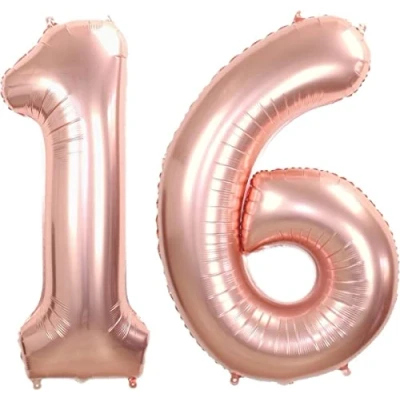 Afbeelding van Folie Ballon Cijfer 16 Jaar Rosé Goud 36Cm Verjaardag Folieballon Met Rietje