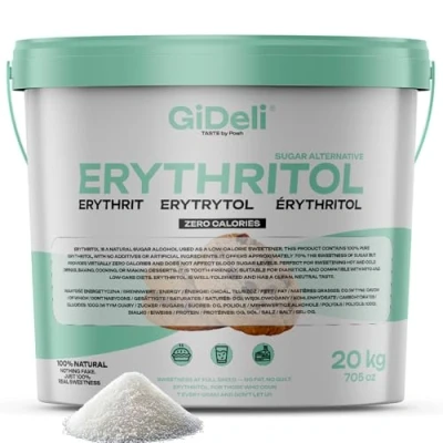 Afbeelding van GiDeli Erythrit 20 kg in emmer kristalsuiker levensmiddelen vervanging als veganistisch &amp; tandvriendelijk suiker alternatief