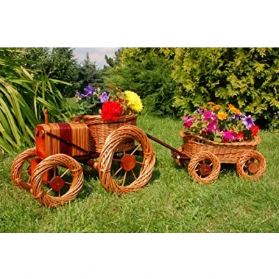 Afbeelding van Deko Shop Hannusch Tractor + hanger van gevlochten mand, totale lengte ca. 120 cm, rotan, rieten manden, plantenbak, bloembak,