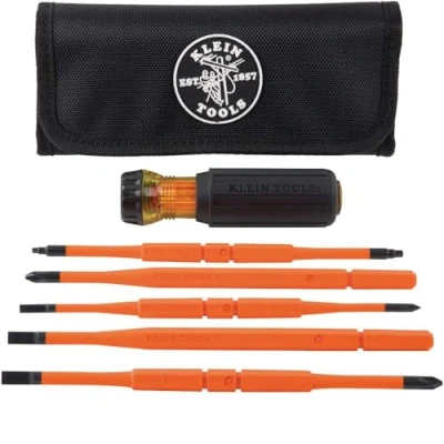 Afbeelding van Klein Tools 32288 Geïsoleerde schroevendraaier, 8 in 1 schroevendraaierset met verwisselbare messen, 3 kruiskoppen, sleuven en 2 vierkante punten, zwart/oranje