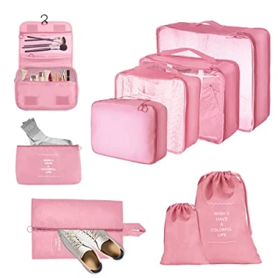 Afbeelding van JOPHEK Reiskoffer organizerset, 9 delige set kubussen, multifunctionele waterdichte pakkubussen, compressie, kofferorganizer, kledingtassen, schoenenzak, make uptas voor reizen, roze