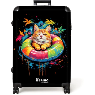 Afbeelding van NoBoringSuitcases.com® Koffer groot Reiskoffer lichtgewicht Zomerse kat met kleurrijke zwemband Rolkoffer 4 wielen Grote trolley XL 98 liter bagage