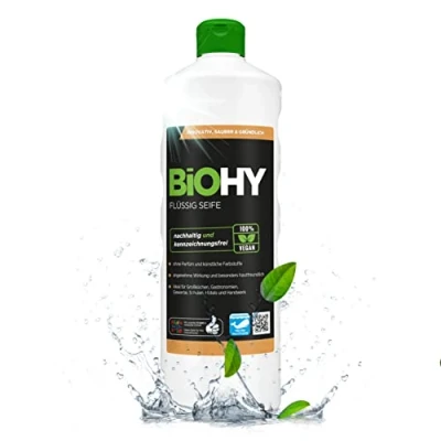 Afbeelding van BiOHY vloeibare zeep (1 Liter Fles) Huidvriendelijke, hydraterende &amp; handzeep FOSFAATVRIJ geurloze hygiëneook geschikt voor het gezicht zonder parfum kleurstoffen (Flüssig Seife)