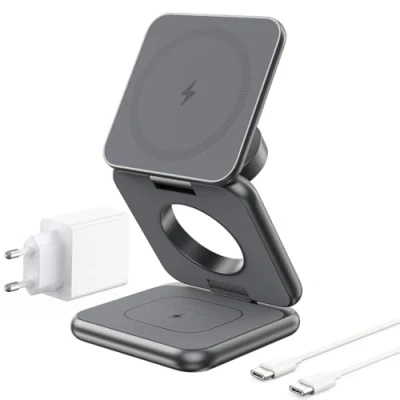Afbeelding van KU XIU X40 3 in 1 Opvouwbaar Magnetisch Draadloos Laadstation, MagSafe Oplader voor iPhone 16/15/14/13/12 Serie, 5W Snelladen Apple Watch 9/8/7/6/Ultra 2 en AirPods Pro 4/3/2, Grijs