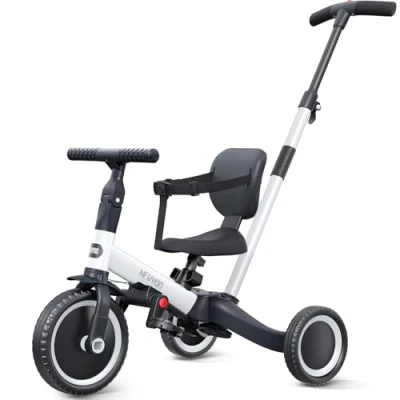 Afbeelding van newyoo Tricycle 5 en 1, draisienne à partir de 1 an, avec barre poussée, pour enfants 2, 3 ans, pédales amovibles et siège réglable (wit)