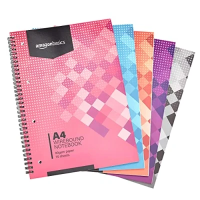 Afbeelding van Amazon Basics Notitieboek met ringband, verschillende kleuren, 70 vellen / 140 pagina&#039;s, A4, 90 g/m2, set van 5
