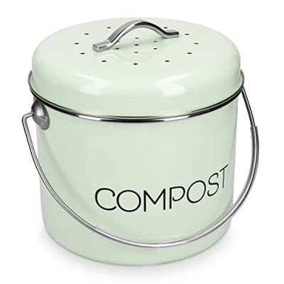 Afbeelding van Navaris metalen compostbak 5L Afvalbakje met 3x filter tegen vieze geuren Prullenbak deksel voor gft afval Compostemmer keuken Mintgroen
