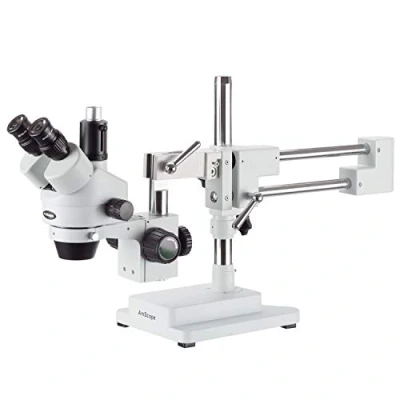 Afbeelding van AmScope SM 4TP Professionele Trinoculaire Stereo Zoom Microscoop met Gelijktijdige Focus Control, WH10x Eyepieces, 7X 45X Vergroting, 0.7X 4.5X Objective, Ambient Lighting, Double Arm Boom Stand