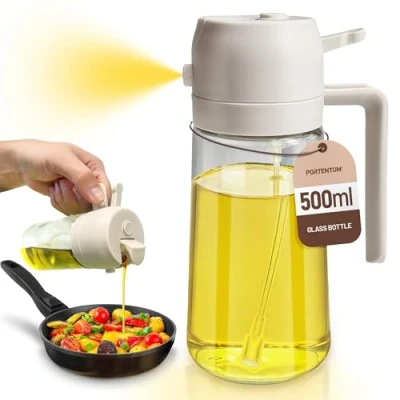 Afbeelding van PORTENTUM Oliedispenser 500ml, oliefles, 2 in 1 dispenser en spray, voor olijfolie azijn, BPA vrij, de keuken, barbecue, salades (Wit)