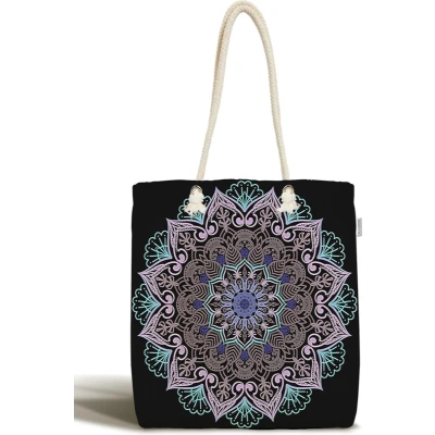 Afbeelding van Schoudertas Dames met rits Kleurrijke mandala op zwart Canvas 45x50 Strandtas Shopper tas tassen Zomer Hobby