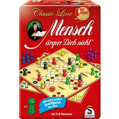 Afbeelding van Schmidt Spiele 49439 Mens erger je niet in de metalen doos, Classic Line, met extra grote speelfiguren van hout