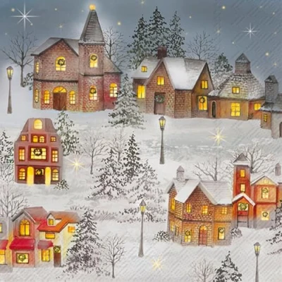Afbeelding van 20 servetten Kerstmis verlichte kerststad als tafeldecoratie. Papieren met motief. Ook voor decoupage en servettentechniek 33x33cm
