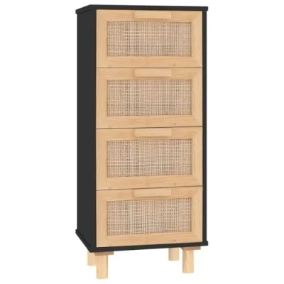Afbeelding van Dressoir 40x30x90 cm massief grenen hout en rattan zwart