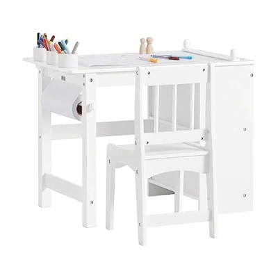 Afbeelding van SoBuy Kinderbureauset Kindertafel en Stoel Set Peuters Tafel Kinderstudietafel Kleurtafel met 2 Planken, 1 Papierrolhouder, Papierrol 3 Pennenvakken, Kindermeubels, Wit, Hout, KMB60 W