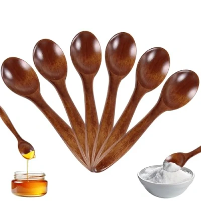 Afbeelding van 6 stuks natuurlijke houten lepel, honing koffielepel, Janpanese stijl keukengerei lange steel Nanmu soeplepels set om te eten mengen roeren koken met doos 【5,13 cm, bruin】