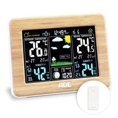 Afbeelding van ADE Nauwkeurig digitaal professioneel draadloos weerstation met buitensensor, luchtvochtigheidsmeter, kamerthermometer binnen en buiten, barometer, groot, helder kleurendisplay, bamboe,