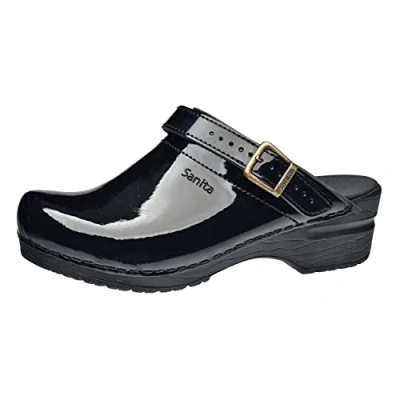 Afbeelding van Sanita Freya Mule Clog Original Handmade Flexible Leather for Women Anatomical shaped footbed with soft foam Heel Strap Zwart 41 EU