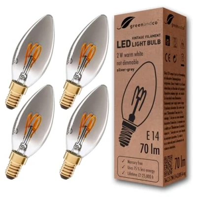 Afbeelding van 4x greenandco® Vintage gloeidraad LED kaars zilvergrijs E14 2W 70lm 1800K extra warm wit 360 230V niet dimbaar