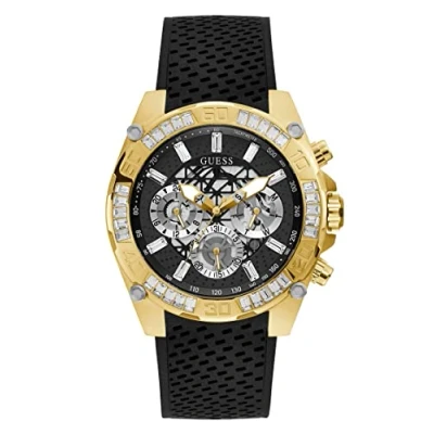 Afbeelding van GUESS 46mm multifunctioneel roestvrij stalen horloge, Zwart/Goudkleurige Siliconen, riem