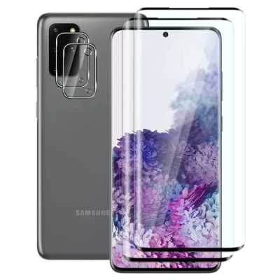 Afbeelding van FWang beschermfolie van gehard glas, compatibel met Samsung Galaxy S20 Plus, 3D afdekking, 9H hardheid, krasbestendig, luchtbelvrij, HD, 2 en camera&#039;s glas