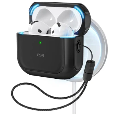 Afbeelding van ESR Hoesje voor AirPods 4e generatie, compatibel met 4 Gen (2024) (USB C), MagSafe, valbescherming lanyard, Orbit Hybrid Case, zwart