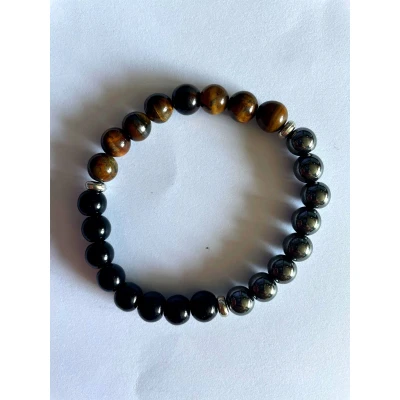 Afbeelding van Edelsteen Armband Drievoudige Bescherming Tijgeroog Obsidiaan Hematiet 8mm 18 cm