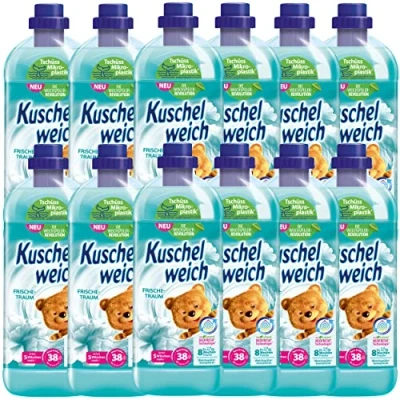 Afbeelding van Kuschelweich wasverzachter vershoudruimte, huidvriendelijkheid dermatologisch getest, zonder microplastic, praktische voorraad 12 x 1 liter per 38 wasbeurten
