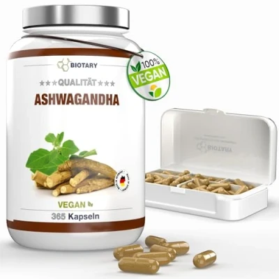 Afbeelding van Ashwagandha 365 capsules, 3000 mg dagelijkse portie, inclusief pillendoos, Indiase slaapbes, hoge dosis, veganistisch, puur plantaardig, zonder toevoegingen