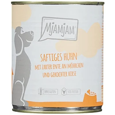 Afbeelding van MjAMjAM premium natvoer voor honden sappige kip met malse eend op wortel en gekookte gierst, pak van 6 (6 x 800 g), naturel extra vlees