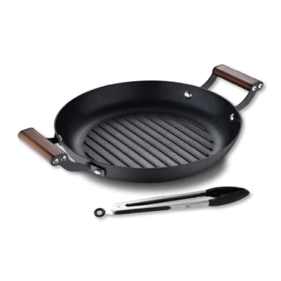 Afbeelding van MasterPro Odin 28 cm duurzame, geperste ijzeren ronde grillset met antiaanbaklaag + keukentang van roestvrij staal en siliconen vaatwasmachinebestendig maximale weerstand