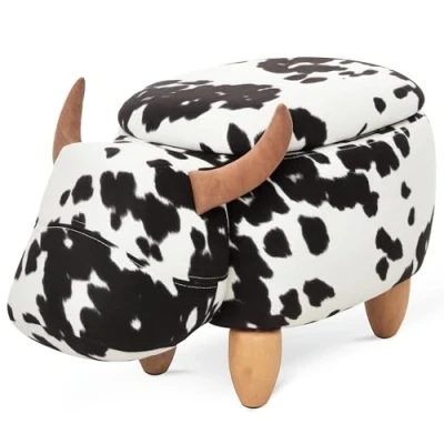 Afbeelding van HOMCOM dierenkruk, decoratieve kruk met opbergruimte, gestoffeerde kruk, voetenbank, zitbank dierenmotief, voor woonkamer, varken, zwart + wit, 62 x 35 36 cm