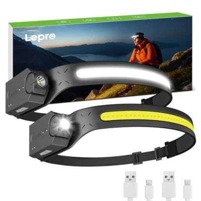 Afbeelding van Lepro hoofdlamp, led, oplaadbaar, superhelder, 350 lumen, met 5 modi, 230 groothoek, schijnwerper bewegingsmelder, 1200 mAh IP44, voor wandelen, kamperen, joggen, 2 stuks, inclusief