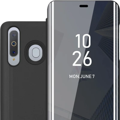 Afbeelding van Cadorabo Hoesje geschikt voor Samsung Galaxy A8s in TOERMALIJN ZWART Clear View Spiegel Beschermende Case met Tribunefunctie 360 Graden Bescherming Book Cover Etui