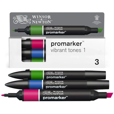 Afbeelding van Winsor &amp; Newton 0290193 ProMarker Set Vibrant Tones 1, 3 layout markers in een set, met 2 punten, fijn en breed voor tekeningen, ontwerp lay outs
