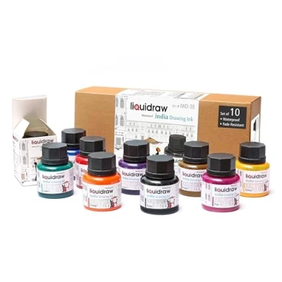 Afbeelding van Liquidraw Gekleurde tekening inkt set India inkt, waterdicht, van 10 verschillende kleuren, 35ml