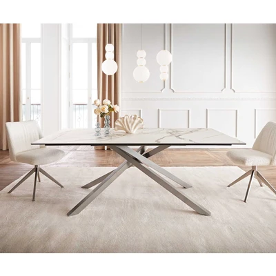 Afbeelding van Eetkamertafel Edge keramiek Calacatta Luxe wit goud grijs 200x100 kruisframe rechthoek RVS