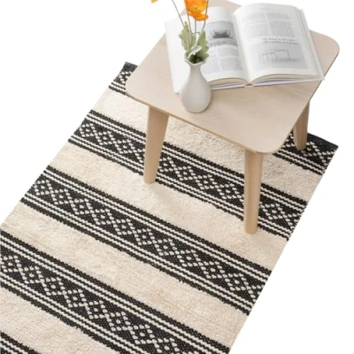 Afbeelding van HOMELEVEL loper tapijt voor slaapkamer 80 x 150 cm Wasbaar katoenen vloerkleed Antislip Ook gang kinderkamer of woonkamer Zwart en wit