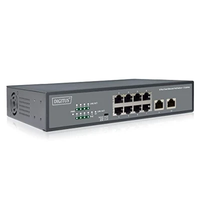 Afbeelding van DIGITUS Fast Ethernet PoE+ netwerkswitch 19 inch 8 poorten + 2x uplink RJ45 IEEE802.3af/at 120W voeding zwart