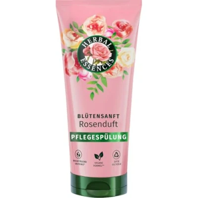 Afbeelding van Herbal Essences Bloemzacht verzorgende spoeling met rozengeur 250ml. van dof haar tot zijdeachtig glanzend haar, rozenessence, ingrediënten natuurlijke oorsprong, veganistisch