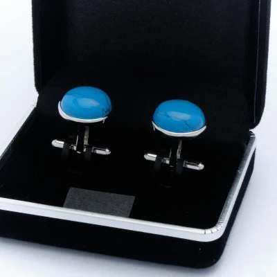 Afbeelding van Manchetknopen Echt Zilver 925 Rond Turquoise Blauw