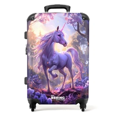 Afbeelding van NoBoringSuitcases.com Grote koffer Portret van een eenhoorn tussen paarse bloemen Kinderkoffer meisjes Reiskoffer met 4 wielen Trolley op wieltjes Rolkoffer groot kinderen 60 liter Ruimbagage valies 20kg