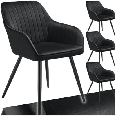 Afbeelding van tectake® 4 x Stoel Marilyn Elegante Fluwelen Gestikte Eetkamerstoelen in Zwart/Zwart