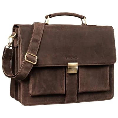 Afbeelding van STILORD &#039;Eros&#039; Briefcase lederen 15,6 inch laptoptas Zakelijke schoudertas Grote werktas XL Vintage hoes met drievoudige scheidingswand, Kleur:veleta bruin
