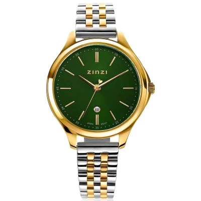 Afbeelding van ZINZI Classy horloge 34mm groene wijzerplaat goudkleurige stalen kast en bicolor band, datum ziw1035